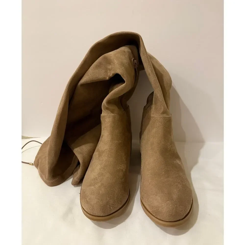 Chinese Laundry King Tan Taupe Suede Over The Knee OTK Tie Top Boots 6.5 NWOB